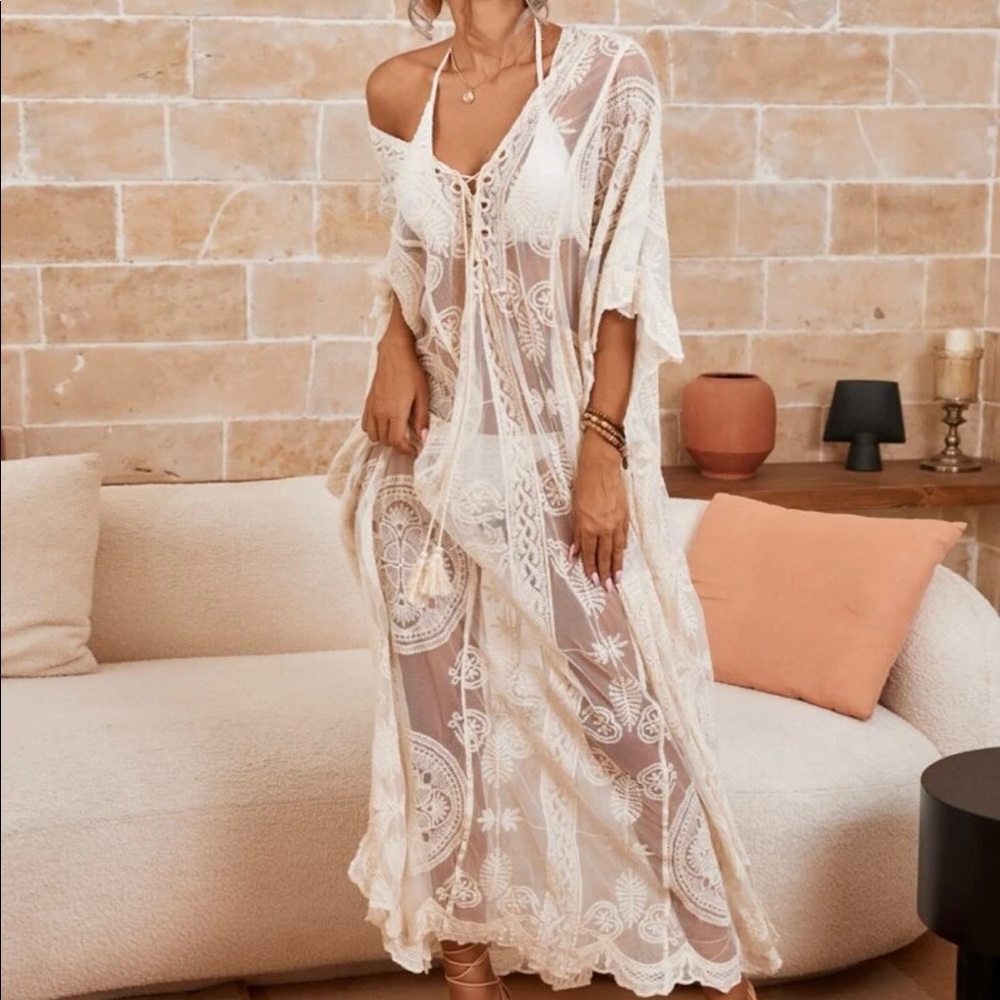 Embroidery lace up dress bikini cover-up beach summer transparent sexy lace up - Picture 1 of 7